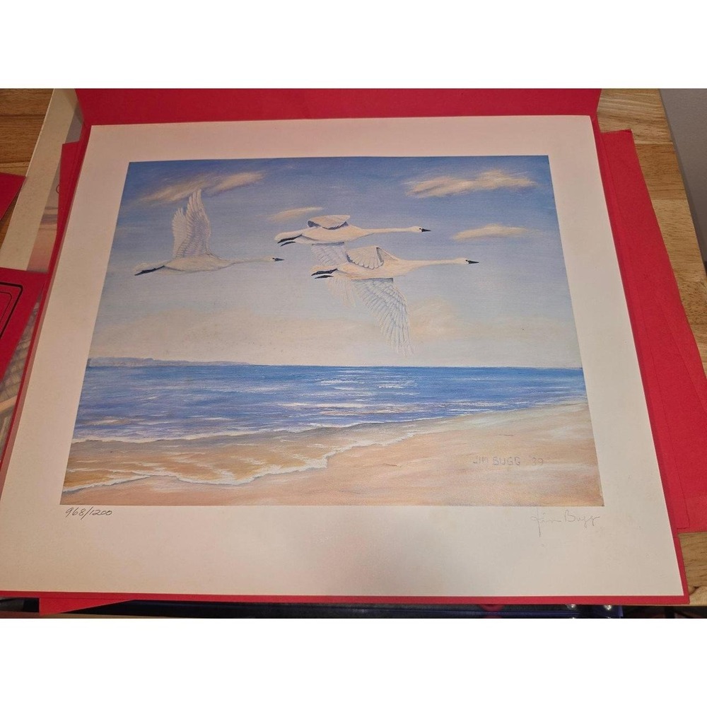 Jim Buerg 1993 Art Print "Swans Over Beach" 968/1200 vintage signed